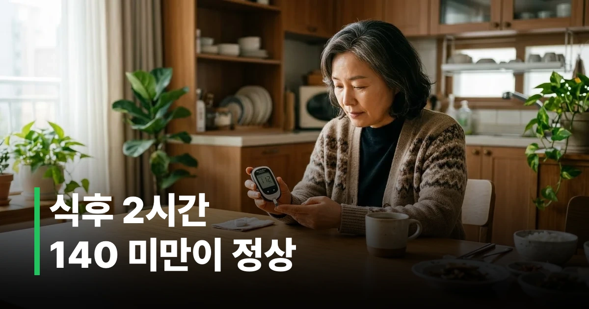 식사 후 집에서 혈당측정기로 혈당을 확인하는 한국인 중년 여성