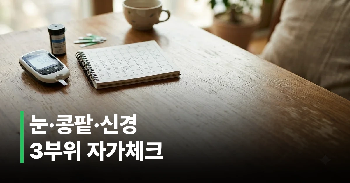 혈당측정기와 검사지가 놓인 집에서의 당뇨 자가관리 모습