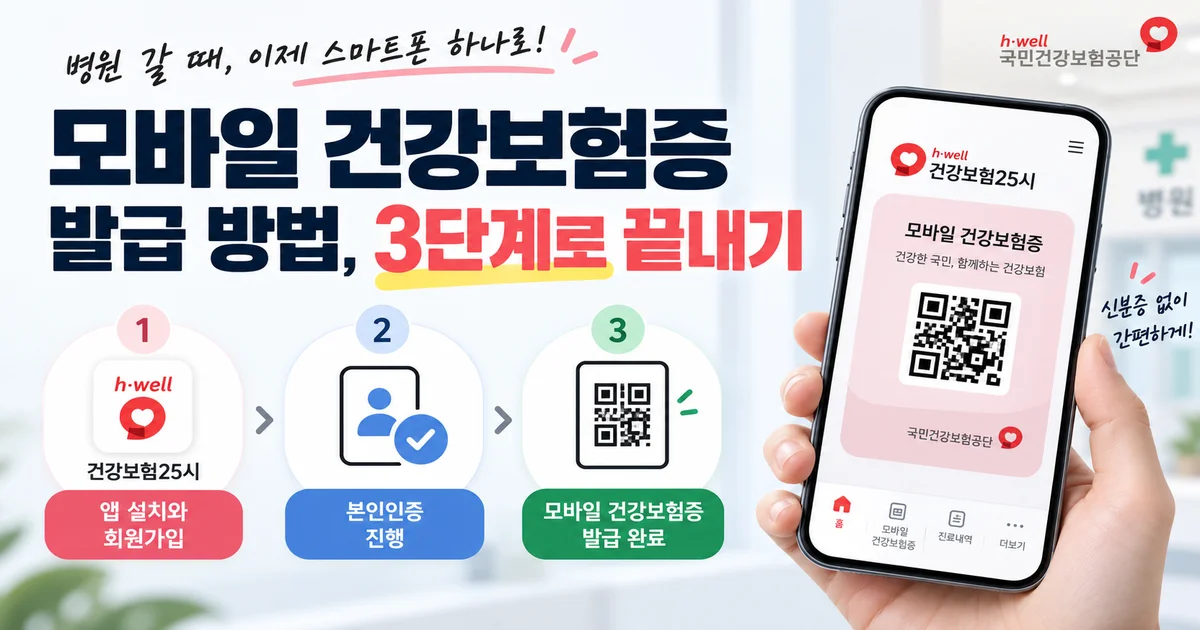 스마트폰 건강보험25시 앱에서 본인인증 후 QR코드 형태의 모바일 건강보험증을 3단계로 발급받는 방법을 보여주는 이미지