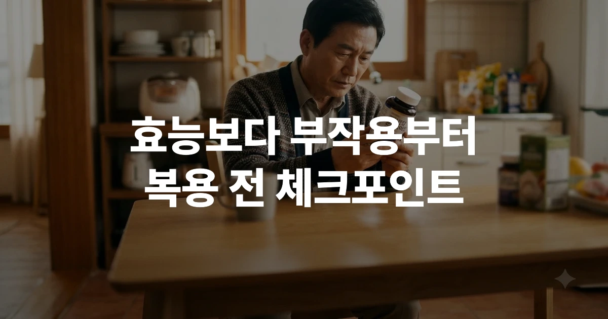 콘드로이친 건강기능식품 캡슐과 무릎 관절 이미지를 살펴보는 모습