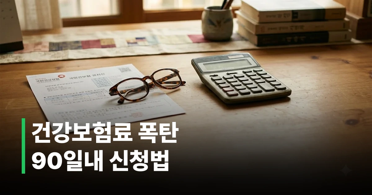 건강보험 고지서와 계산기, 돋보기가 놓인 서재 책상 풍경