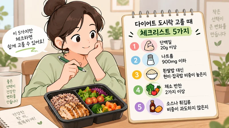 단백질 20g 이상, 나트륨 900mg 이하, 현미·잡곡밥, 채소 반찬, 소스·튀김류 비중 등 다이어트 도시락 선택 기준 5가지를 확인하는 모습