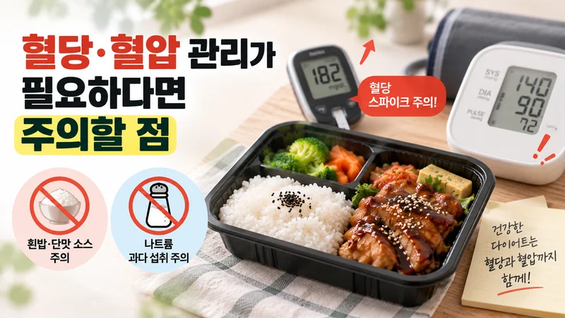 영양성분표와 혈당·혈압 측정기를 함께 배치해 다이어트 도시락 선택 시 당류와 나트륨 확인의 중요성을 강조한 이미지