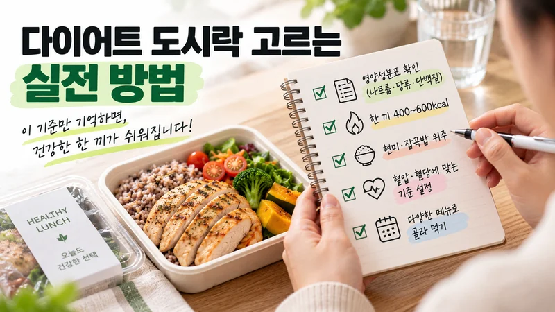 영양성분과 칼로리, 잡곡밥 여부, 개인 건강 상태를 체크하며 다이어트 도시락을 고르는 실전 방법을 보여주는 이미지