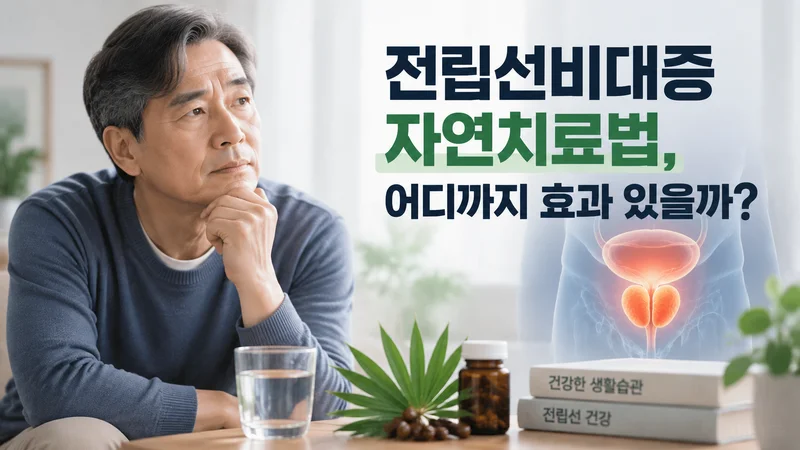 전립선비대증 자연치료법의 한계와 건강기능식품 복용 시 주의사항을 의사 상담과 함께 표현한 의료 안내 이미지