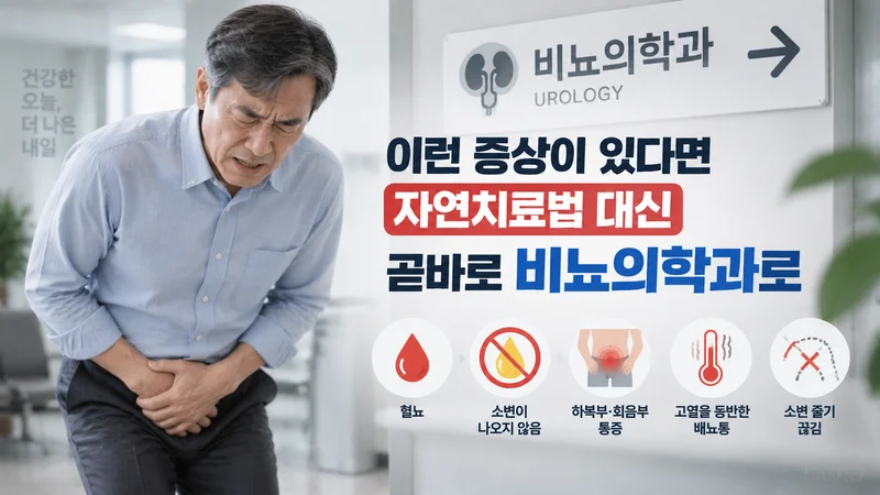 전립선비대증 응급 증상과 비뇨의학과 방문 필요성을 표현한 의료 상담 및 증상 안내 이미지