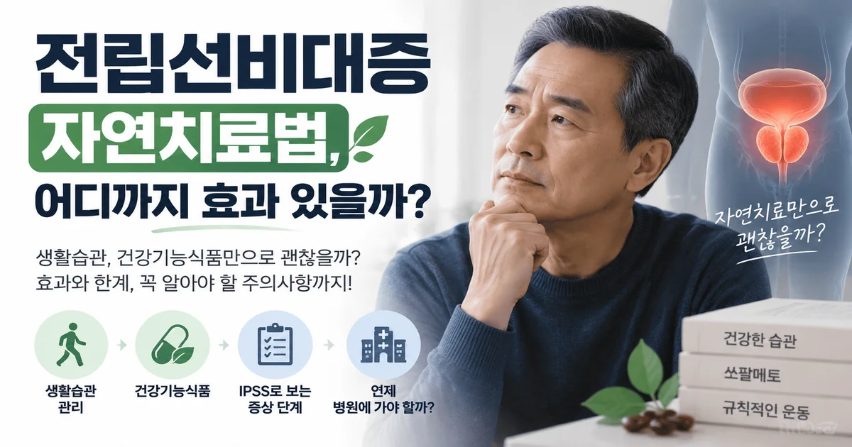 전립선비대증 자연치료법의 효과와 의학적 관리 필요성을 표현한 이미지