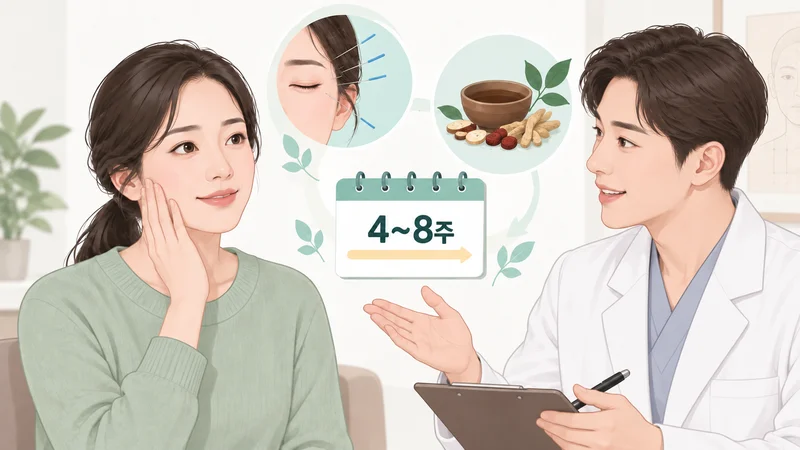안면마비 한방치료 4~8주 치료 기간과 침·한약 치료 상담을 표현한 이미지