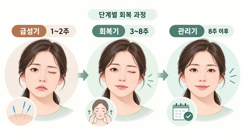 안면마비 급성기 1~2주, 회복기 3~8주, 관리기 8주 이후 단계별 회복 과정