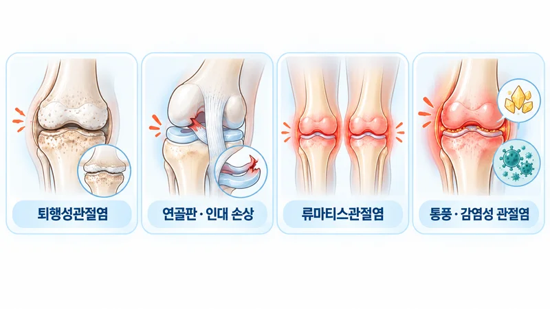 퇴행성관절염, 연골판·인대 손상, 류마티스관절염, 통풍·감염성 관절염의 무릎 특징 비교