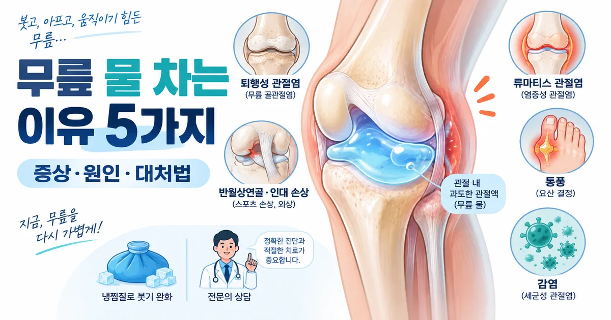무릎에 물이 차는 이유 5가지와 주요 원인 및 대처법을 설명한 무릎 관절 일러스트