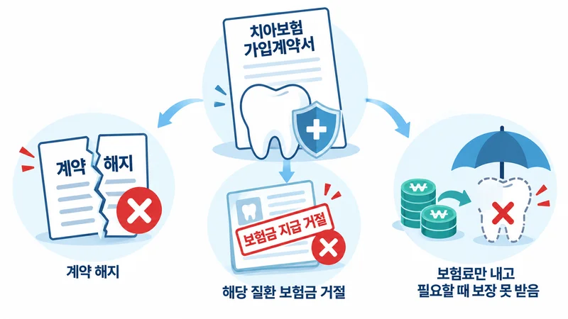 치아보험 고지의무 위반으로 계약 해지, 관련 질환 보험금 지급 거절, 보장 제한이 발생하는 모습을 나타낸 이미지