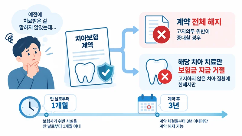 치아보험 고지의무 위반 시 계약 전체 해지와 관련 치아 치료 보험금 지급 거절, 제척기간을 설명하는 이미지