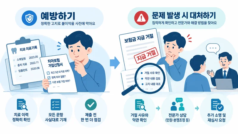 치아보험 가입 전 치료 이력을 확인해 고지의무 위반을 예방하고 보험금 거절 시 대응하는 방법을 설명하는 이미지