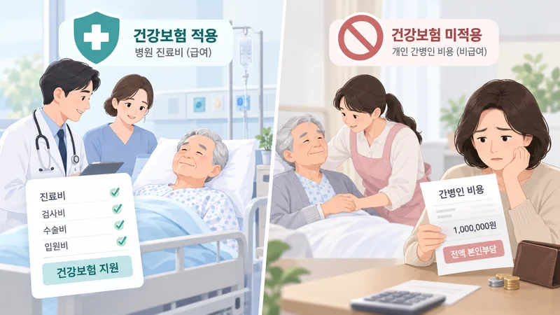 건강보험이 적용되는 병원 진료비와 적용되지 않는 사설 간병비 비교