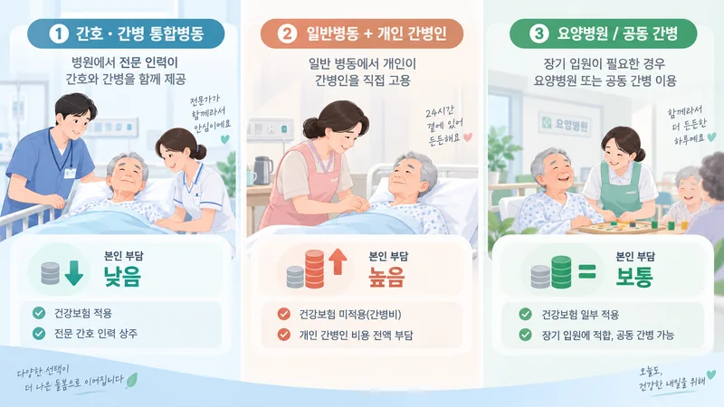 간호간병통합병동, 사설 간병인, 요양병원의 건강보험 적용과 비용 부담 비교