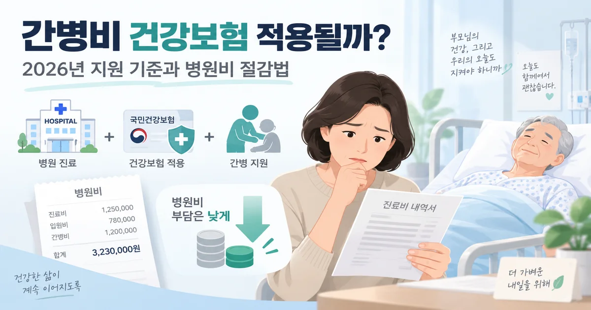 간병비 건강보험 적용 여부와 2026년 지원 기준, 병원비 절감 방법을 설명하는 이미지