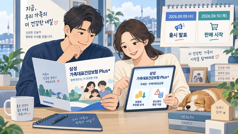 가족이 상담원과 함께 건강보험 가입 내용을 검토하며 보험 상품 출시와 보장 구조를 확인하는 모습