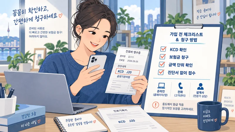 책상 위에 놓인 네 가지 질병 진단 특약 카드를 비교하며 보장 범위를 살펴보는 모습