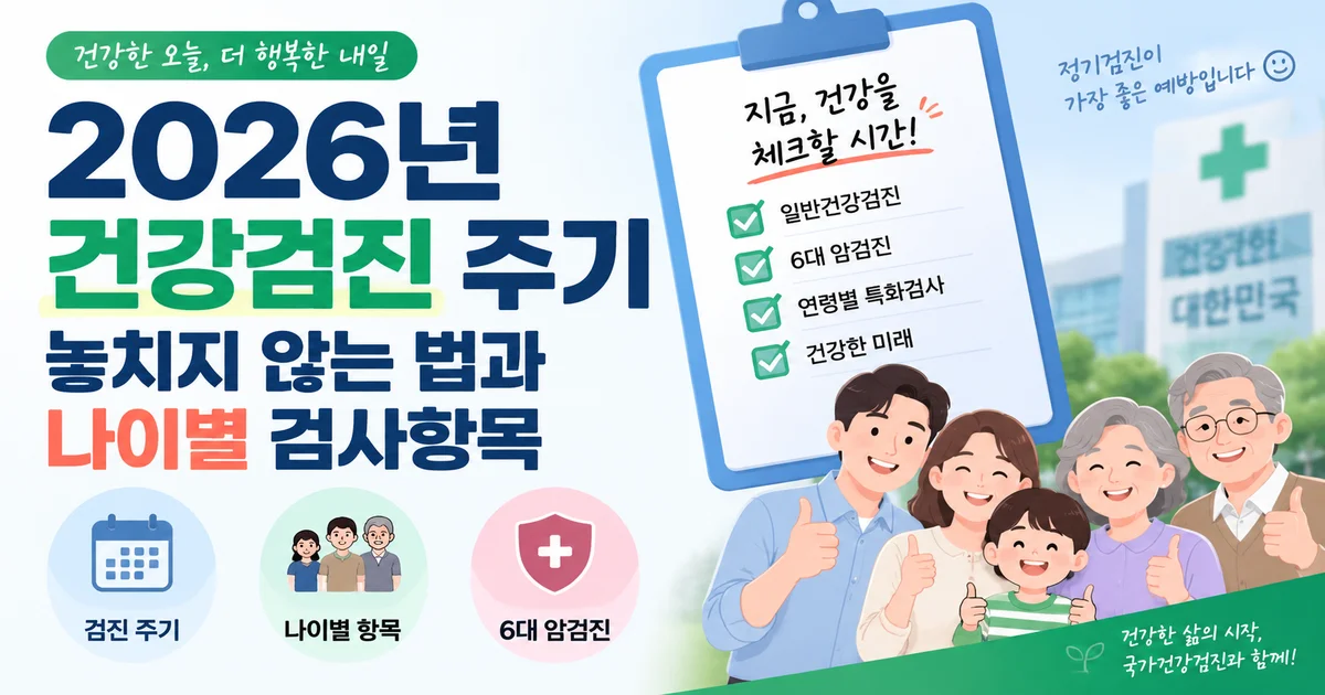 2026년 건강검진 주기와 연령별 검사항목 안내 서류가 놓인 단정한 탁자