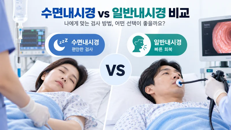 수면내시경의 편안한 검사와 일반내시경의 빠른 회복 특징을 비교해 보여주는 이미지