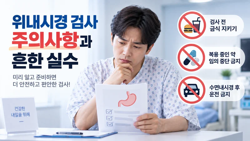 위내시경 검사 전 금식과 복용약 임의 중단 금지, 수면내시경 후 운전 금지 등 주요 주의사항을 확인하는 모습