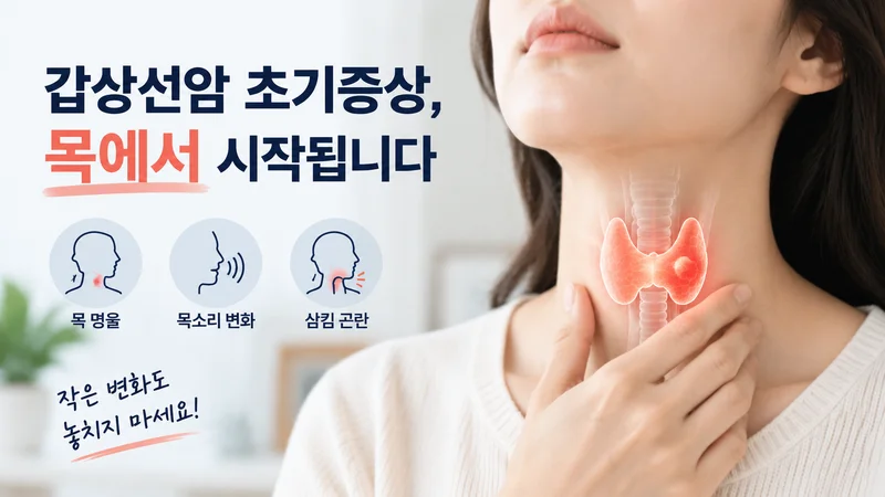 목 멍울, 목소리 변화, 삼킴 곤란 등 갑상선암 초기 신호를 보여주는 의료 안내 이미지