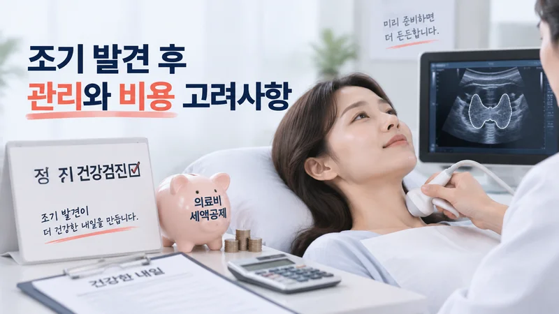 갑상선 초음파 검진과 조기 발견 후 관리 및 의료비 준비를 표현한 건강 관리 이미지