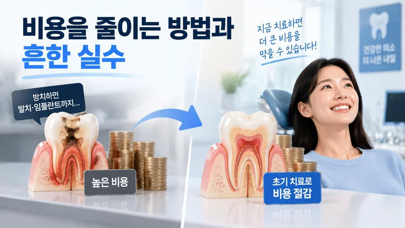 치아 신경치료 비용을 줄이기 위해 조기 진료와 견적 비교가 중요함을 표현한 치과 비용 절감 콘셉트 이미지