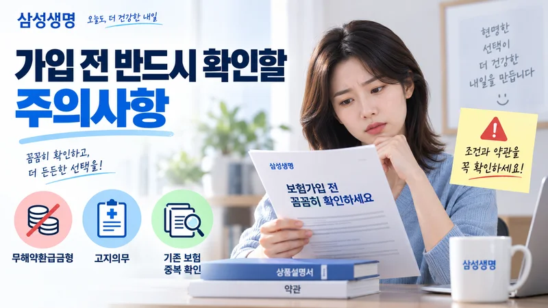 삼성생명 보험 가입 전 상품설명서와 약관을 살펴보며 무해약환급금형, 고지의무, 기존 보험 중복 여부를 확인하는 이미지
