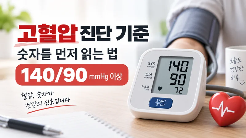 혈압계에 140/90mmHg가 표시되어 고혈압 진단 기준과 혈압 수치를 읽는 방법을 강조한 이미지