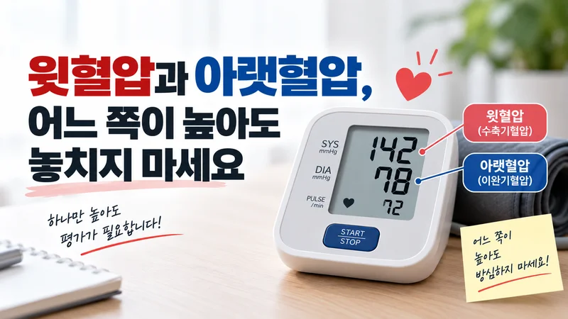 윗혈압과 아랫혈압 중 어느 한쪽이라도 높으면 평가가 필요함을 혈압계 수치로 설명하는 이미지
