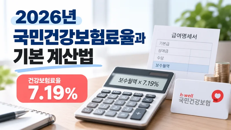 2026년 국민건강보험료율 7.19%와 보수월액 기준 보험료 계산 방법을 계산기와 급여명세서로 표현한 이미지