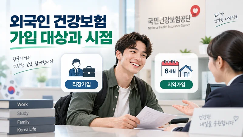 외국인 건강보험 가입 대상과 시점을 직장가입과 6개월 기준 지역가입으로 나누어 안내하는 상담 장면