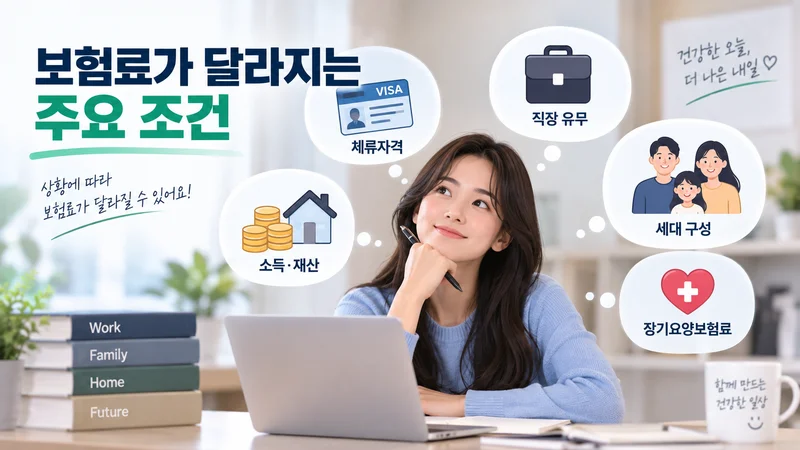 외국인 건강보험료가 체류자격, 직장 유무, 세대 구성, 소득·재산, 장기요양보험료에 따라 달라지는 조건을 표현한 이미지