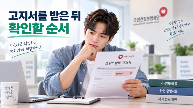 외국인 가입자가 건강보험료 고지서를 받은 뒤 가입자 구분과 자격 변동, 관련 증빙서류를 차례로 확인하는 모습