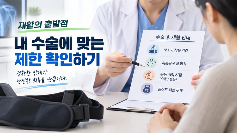 회전근개 수술 후 의료진과 상담하며 보조기 착용 기간과 운동 범위 등 개인별 재활 제한을 확인하는 모습