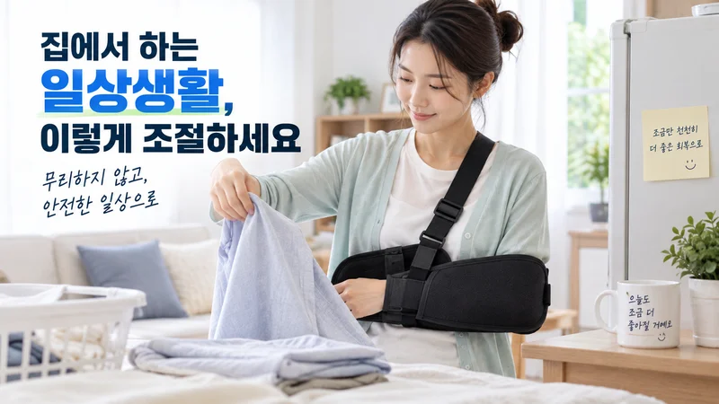 회전근개 수술 후 어깨 보조기를 착용한 환자가 집안일의 강도를 조절하며 안전하게 일상생활을 하는 모습