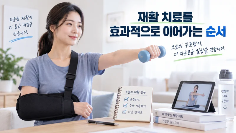회전근개 수술 후 처방받은 홈운동과 증상 기록을 꾸준히 실천하며 단계적으로 재활 치료를 이어가는 모습