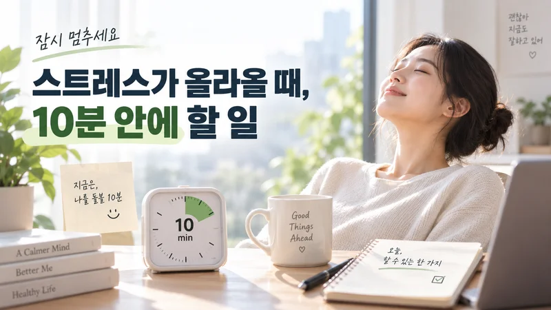 스트레스가 올라올 때 잠시 멈추고 10분 동안 호흡하며 오늘 할 수 있는 한 가지를 정하는 모습을 담은 이미지