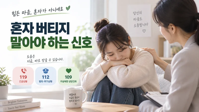 힘든 마음을 혼자 버티지 않고 상담과 119·112·109 등 도움을 요청해야 하는 신호를 안내하는 이미지