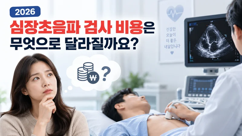 심장초음파 검사 비용이 급여 여부와 검사 종류에 따라 달라질 수 있음을 검사 장면과 비용 고민 모습으로 표현한 이미지