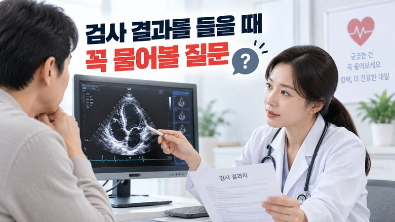 심장초음파 검사 결과를 보며 이상 소견과 향후 관리에 대해 의사에게 질문하고 설명을 듣는 진료 장면 이미지