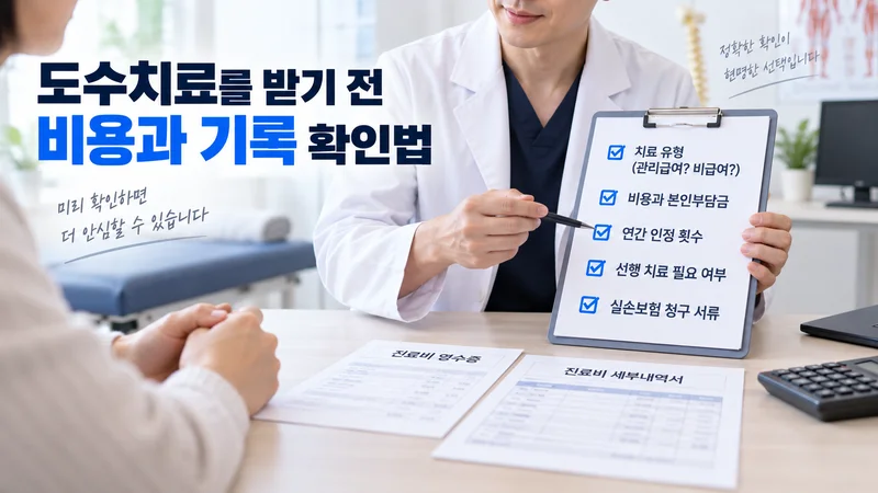 도수치료를 받기 전 관리급여 여부와 비용, 인정 횟수, 선행 치료, 실손보험 청구 서류를 의료진과 확인하는 이미지