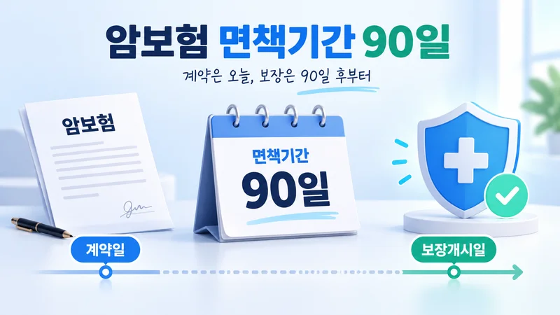 암보험 계약 후 90일 면책기간을 거쳐 보장개시일에 이르는 과정을 보험계약서와 달력, 보호 방패로 표현한 이미지