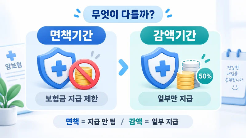 암보험의 면책기간은 보험금 지급이 제한되고 감액기간은 보험금 일부만 지급된다는 차이를 비교해 표현한 이미지