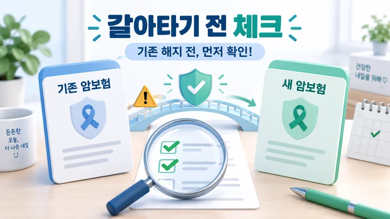 기존 암보험을 해지하고 새 암보험으로 갈아타기 전에 보장 공백과 계약 조건을 체크해야 함을 보험증서와 체크리스트로 표현한 이미지