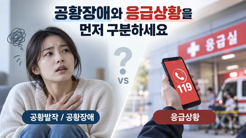 공황발작과 응급상황을 구분하고 심한 흉통이나 호흡곤란 시 119 등 응급 도움을 받아야 함을 보여주는 이미지