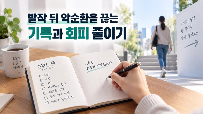 공황발작 후 증상과 상황을 기록하고 회피 행동을 조금씩 줄이며 일상으로 돌아가는 과정을 보여주는 이미지
