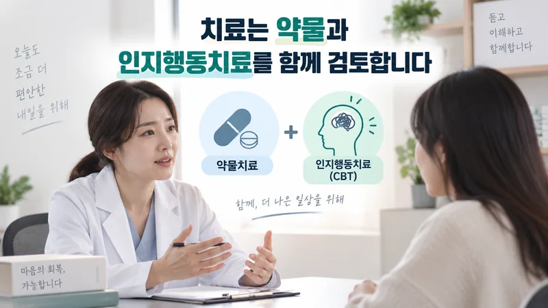 공황장애 치료를 위해 의료진과 상담하며 약물치료와 인지행동치료를 함께 검토하는 모습을 보여주는 이미지